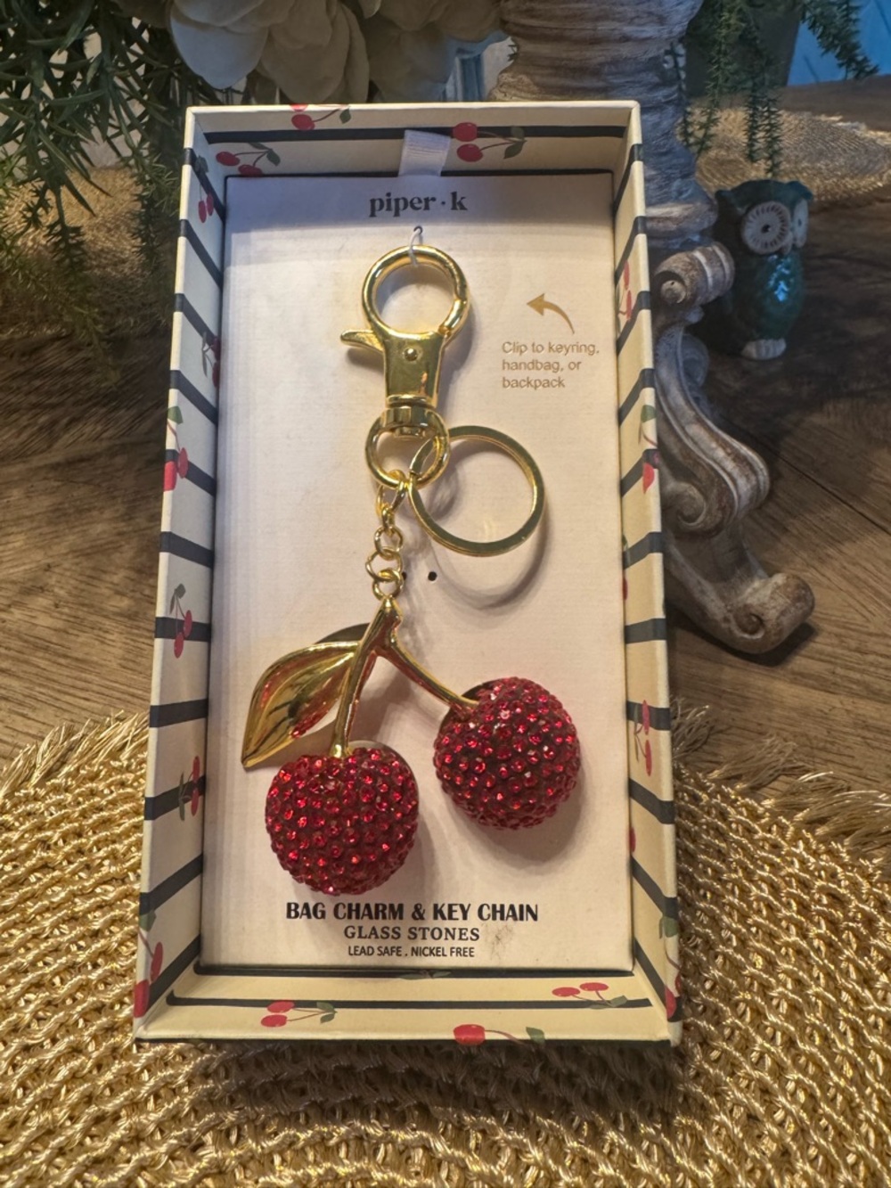 Piper Gold-Tone LARGE Red Crystal Cherries 🍒 Keychain & Bag Charm BUNDLE to SAVE